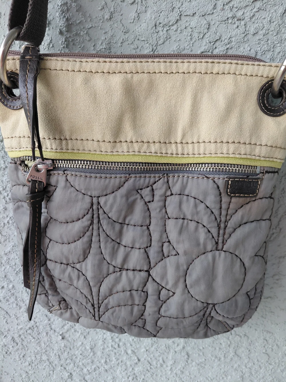Fossil Key-Per Floral Quilted Crossbody Bag Canvas Leather Trim Beige Brown